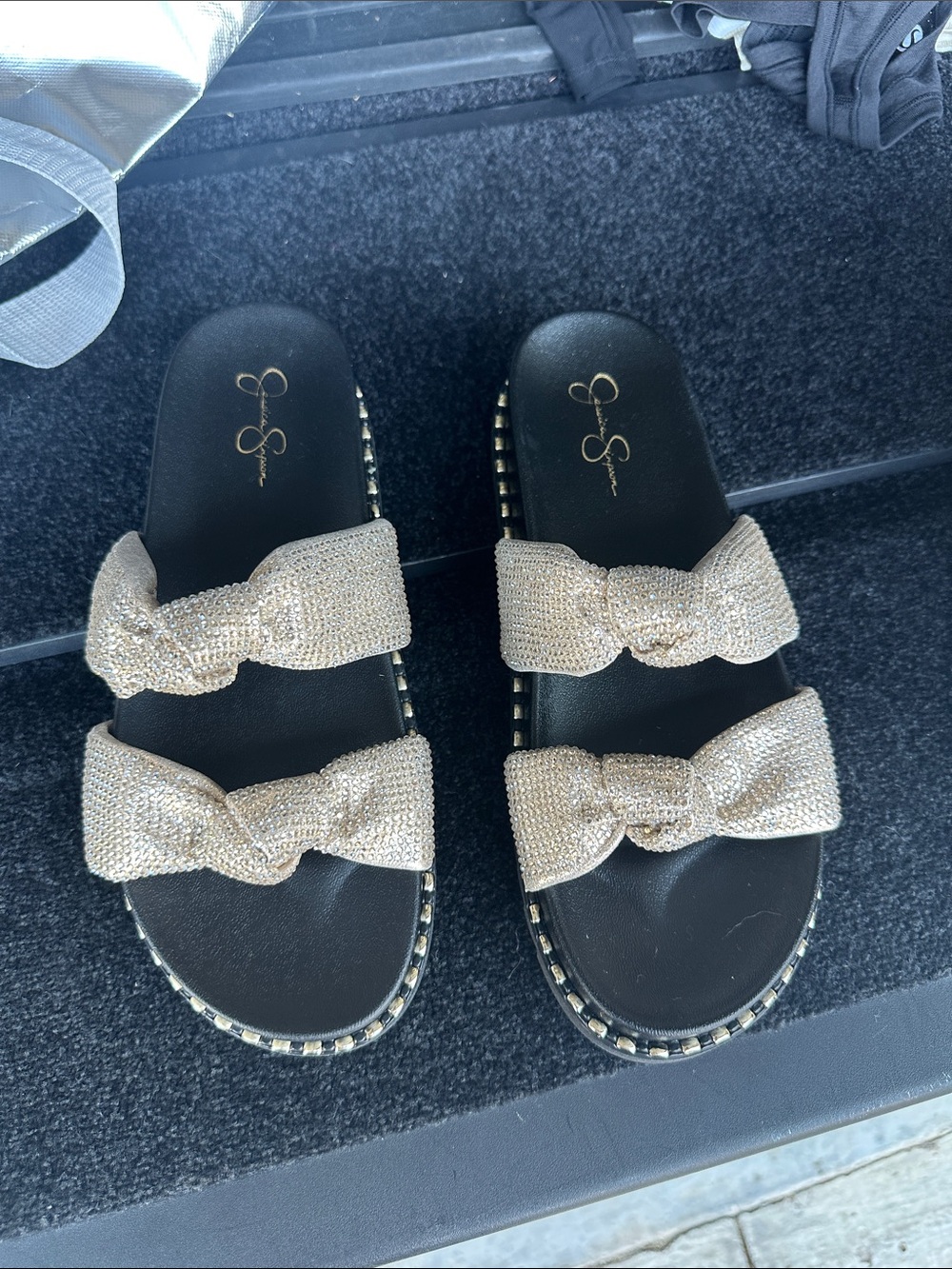 Jessica Simpson Caralynna Gold Crystal Bow Slide Sandals